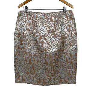 Sunny Leigh Pencil Skirt Women 12 Champagne Silver Damask Brocade Metallic